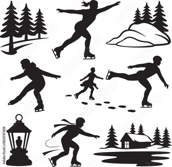 Fototapeta Winter Ice Skating Silhouettes with Trees Lantern and Cozy Cabin Scene