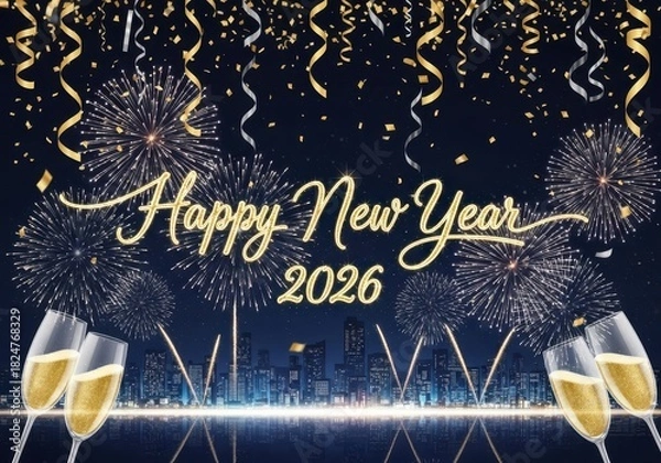 Obraz Festive happy new year 2026 celebration with dazzling fireworks, golden confetti, champagne glasses, and city lights