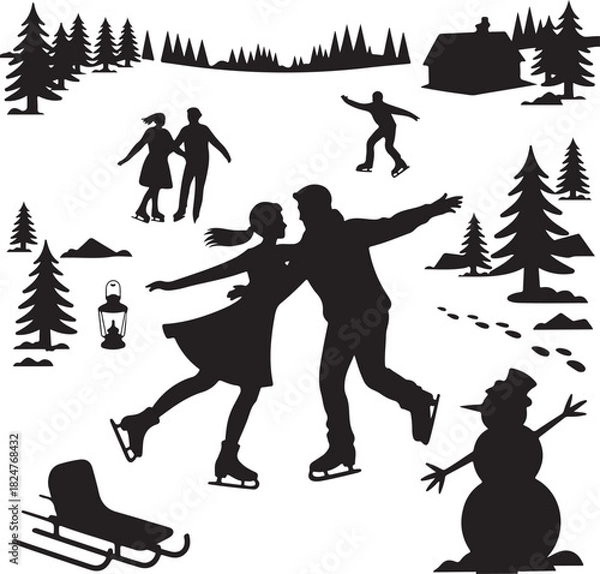 Fototapeta Winter Silhouette Scene with Ice Skating Snowman and Cabin Vector Art