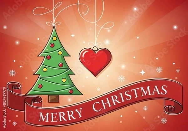 Obraz Christmas tree and red heart ornament with a merry christmas banner on a sparkling red background with snowflakes