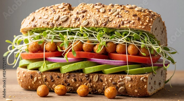 Fototapeta Vegan sandwich with fresh sprouts and chickpeas on a wooden board  