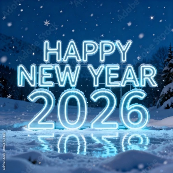 Fototapeta Neon Blue "HAPPY NEW YEAR 2026" Sign on Snowy Ground in a Winter Mountain Scene