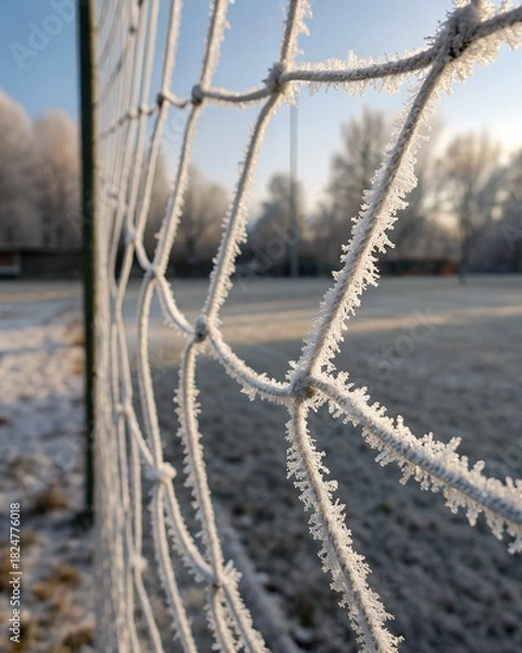 Fototapeta Frozen soccer net covered in hoarfrost on a sunny winter morning.