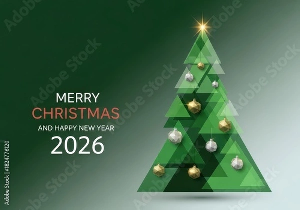 Obraz Contemporary geometric christmas tree with golden and silver ornaments, merry christmas and happy new year 2026 on green