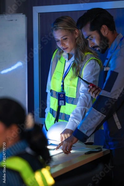 Fototapeta A diverse engineering team, a smiling Caucasian woman in a safety vest and an Indian man, collaborates at night. They are pointing at a glowing light table, reviewing plans.