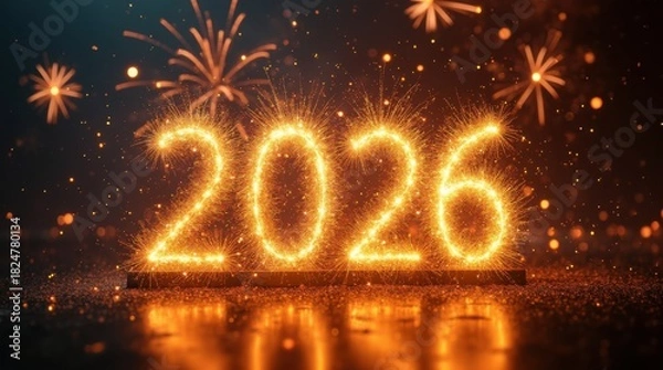 Fototapeta Midnight New Year 2026 clock countdown with exploding fireworks and champagne