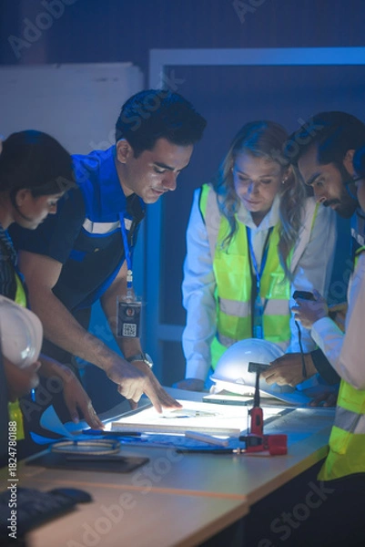 Fototapeta A large logistics team reviews supply chain blueprints. The diverse group, including an Indian woman with a hardhat, plans a new AI strategy for smart factory optimization.