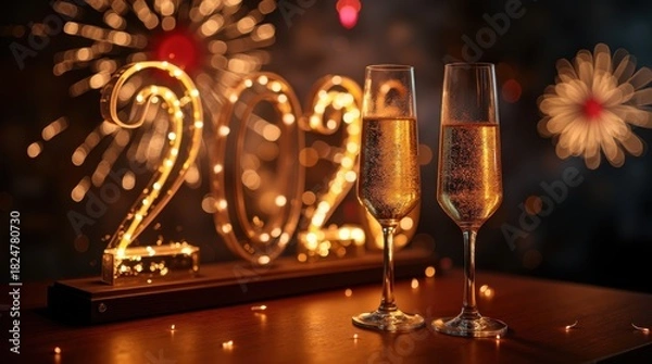 Obraz New Year midnight 2026 celebration clock fireworks champagne toast glowing