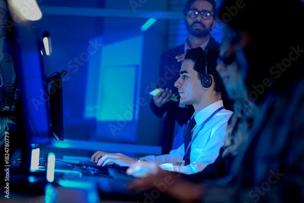 Fototapeta IT support team lead oversees a junior agent handling a complex technical issue. He offers real time advice while reviewing progress on screen in a busy operations center.