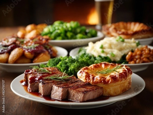 Fototapeta Collection of Traditional English and Irish Meals on Table with Warm Lighting