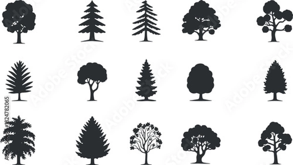 Fototapeta Tree Silhouettes Set – Pine Spruce Evergreen Deciduous