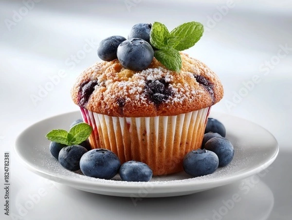 Obraz Fresh Blueberry Muffin with Berries and Sugar Powder on White Plate