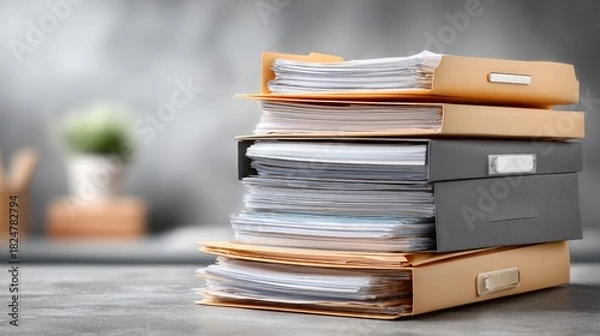 Fototapeta Unorganized Manila folders on office background