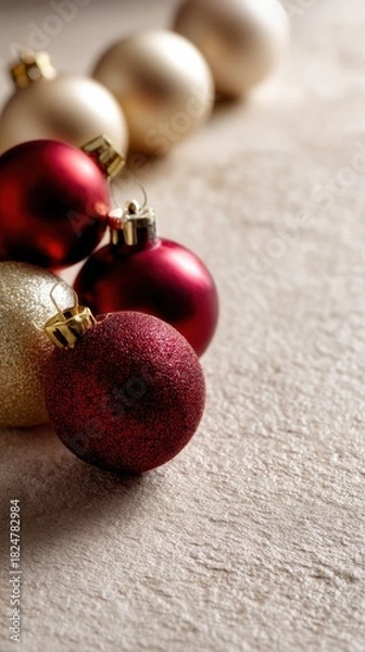 Obraz A smooth cream canvas serves as the base for this elegant background texture, featuring abstract clusters of muted red and gold Christmas balls 