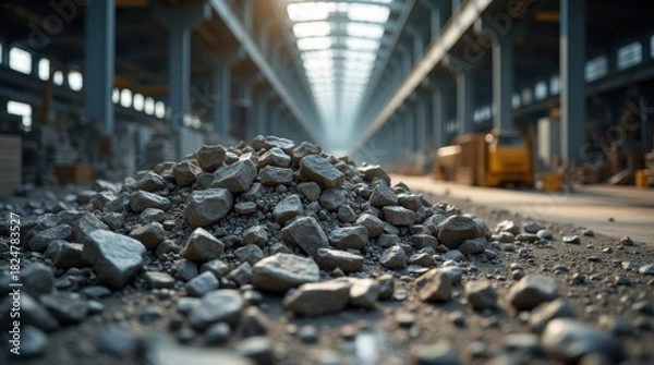 Fototapeta Piles of rare earth elements and metallic ores in industrial warehouse, raw materials for tech, electronics, renewable energy