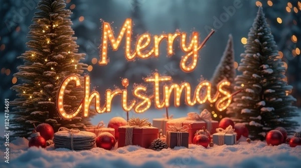 Fototapeta Playful holiday greeting Merry Christmas text amid glowing snow trees cozy gifts
