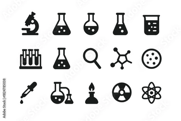 Fototapeta Scientific icons set: microscope, beaker, test tubes, molecule, atom, flasks