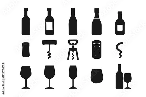 Fototapeta Silhouette icons of wine bottles and glasses with corkscrews
