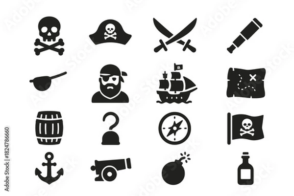 Fototapeta Pirate icon set: skulls, swords, compass, pirate ship, anchor, map, cannon, telescope