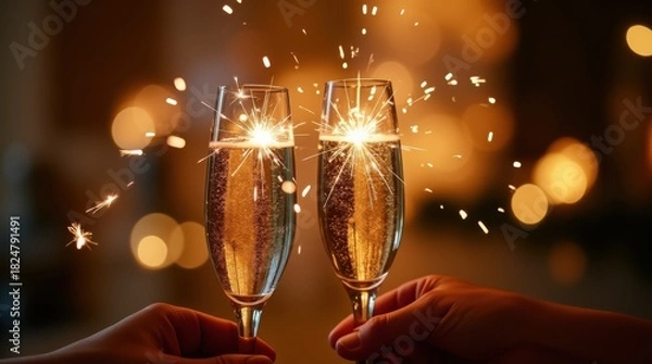Fototapeta Two glasses sparkling champagne toast festive bubbles warm glowing sparkler