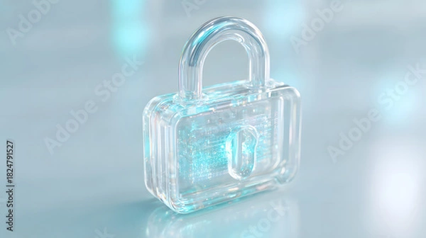 Obraz Clear Glass Padlock Symbolizing Data Security and Cyber Protection with Futuristic Light Effects Against a Light Blue Backdrop representing Technology and Digital Shielding