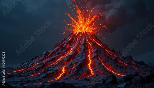 Fototapeta Low‑poly volcano erupting with triangular lava shards