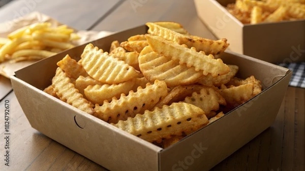 Fototapeta Enjoy delicious crinkle cut fries in a take out box for a tasty treat, perfect for sharing or a satisfying snack any time of day
