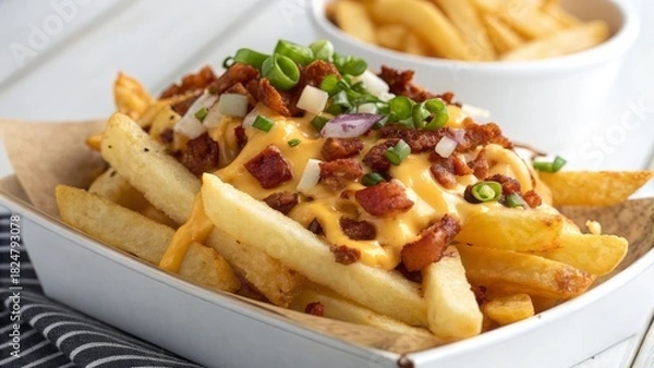 Obraz Indulge in golden fries smothered in melted cheese and crispy bacon, topped with fresh scallions for an irresistible flavor explosion