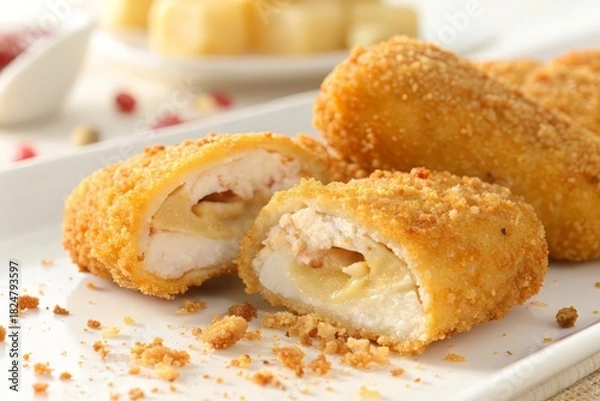 Fototapeta Crispy golden-brown croquettes filled with creamy cheese create a mouthwatering temptation, perfect for food blogs, menus, or delicious food advertisements