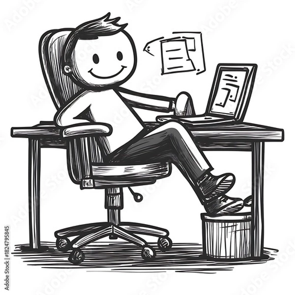 Obraz Diligent Stick Figure Character Working Enthusiastically on Laptop at Desk with Documents Flying
