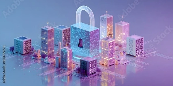 Obraz Cybersecurity in Smart Cities Urban Security in a Digital World 3D Rendered Cityscape with Data Protection Lock concept for Technology driven infrastructure protection and secure digital 