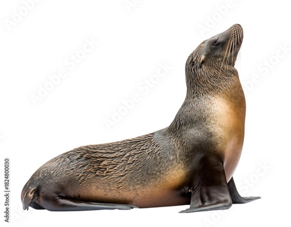 Fototapeta A brown fur seal with its head raised, looking upwards, isolated on transparent background