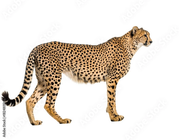 Fototapeta Cheetah standing in profile, isolated on transparent background