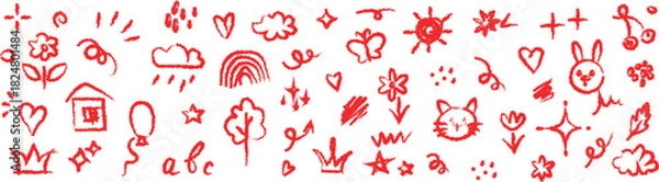 Fototapeta Red Hand Drawn Doodle Elements Featuring Hearts Flowers Clouds Rainbows Animals and Balloons sketch drawing