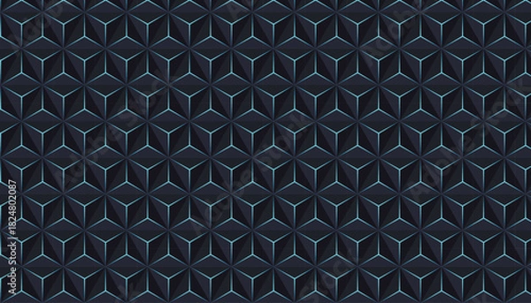 Fototapeta Dark Geometric Pattern of Interlocking Cubes with Blue Neon Edges black