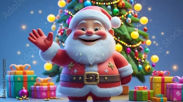 Obraz Cute, full-body 3D render of jolly Santa Claus waving with gifts and Christmas tree