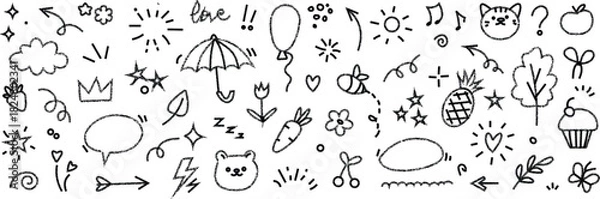 Fototapeta Hand Drawn Doodle Elements and Icons Collection with Stars Clouds Arrows and Animals sketch drawing