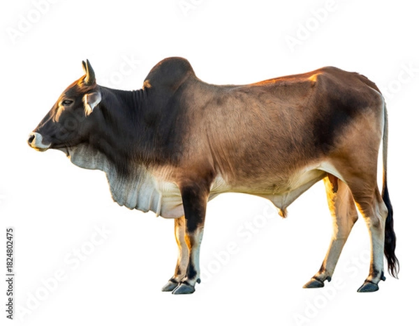 Fototapeta Brown zebu cow standing sideways with a prominent hump, isolated on transparent background