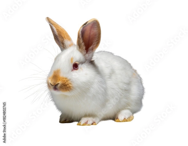 Fototapeta Cute domestic white rabbit with brown markings and red eyes, isolated on transparent background