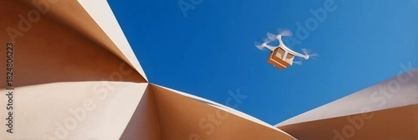 Obraz Drone Delivery Service Concept with Box in the Sky and Modern Architecture Elements Drone carrying parcel against vibrant blue sky providing fast and efficient package delivery 