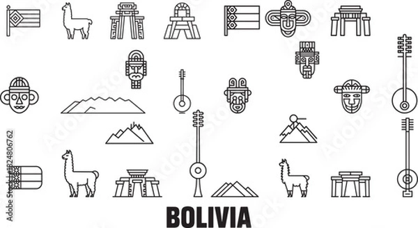 Obraz Bolivia line icons set llama flag mask mountains andean region symbols collection vector