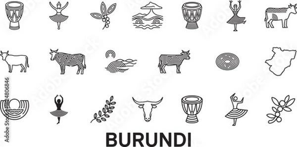 Obraz Burundi landmarks and culture line icons set burundian traditions travel symbols illustrations collection