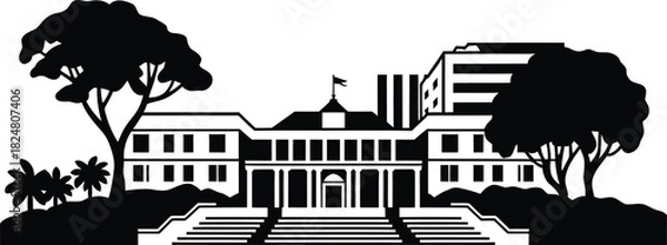 Fototapeta Silhouette illustration of historical government building with trees and modern structures