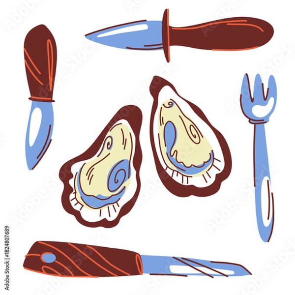 Obraz A composition with oysters and oyster eating utensils. Oyster knives, a shellfish fork