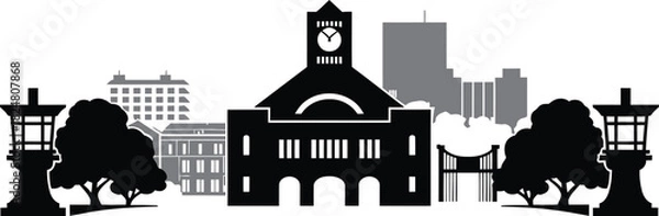 Fototapeta Urban cityscape silhouette with clock tower building bridge trees and street lights black vector