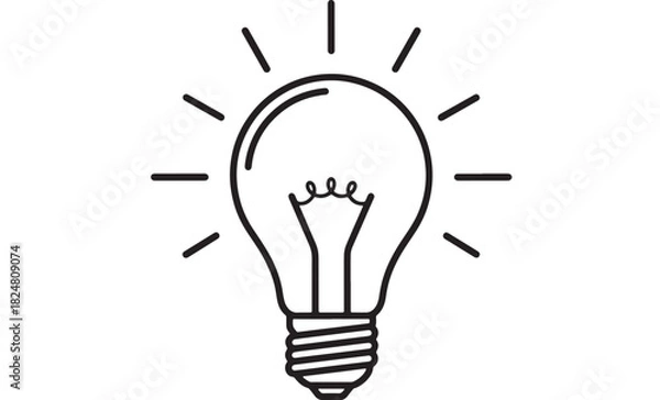 Obraz A simple black and white line drawing of a glowing light bulb with radiating lines