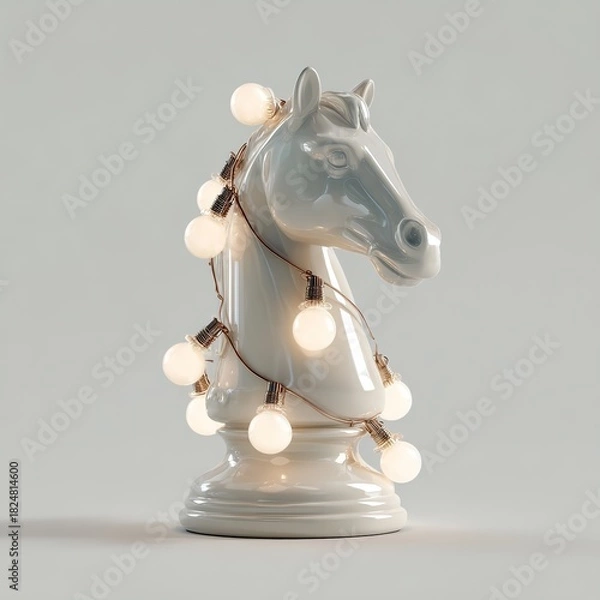 Fototapeta Illuminated Chess Knight Sculpture with Warm String Lights