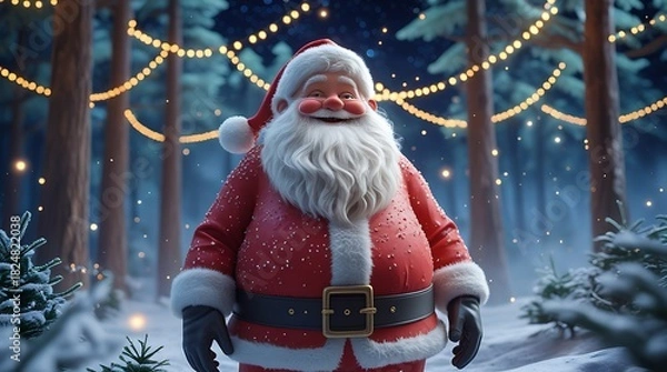 Obraz Jolly 3D Santa Claus standing in a snowy forest illuminated by string lights at night