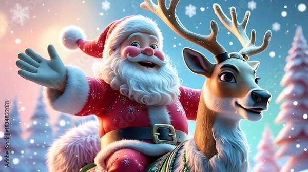 Obraz Joyful 3D Santa Claus riding a reindeer through a snowy landscape with Christmas lights