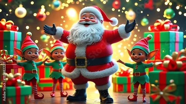 Obraz Vibrant 3D render of jolly Santa Claus with three happy elves and piles of gifts